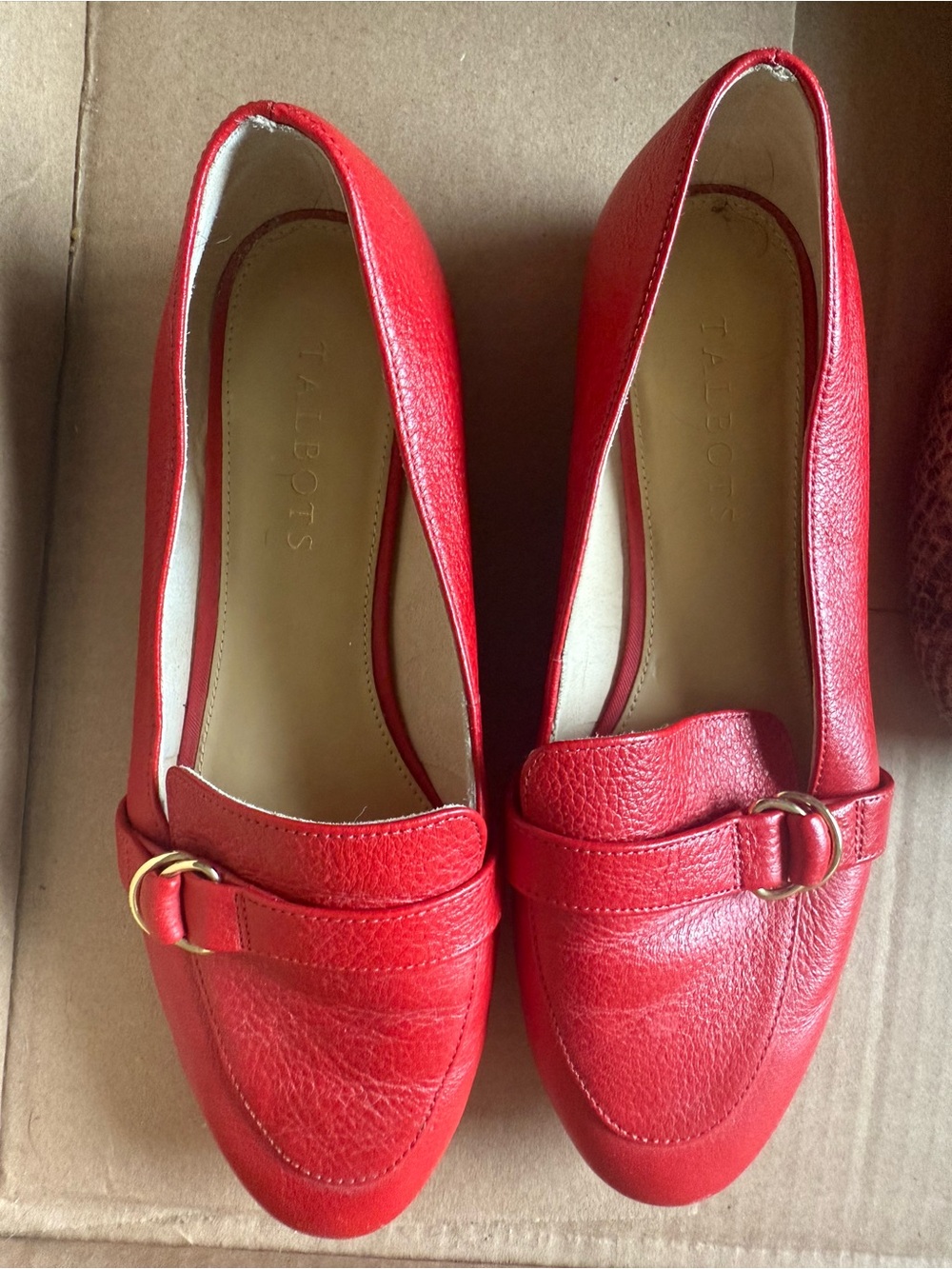 Talbots Red Leather Loafers with Gold Ring Accent